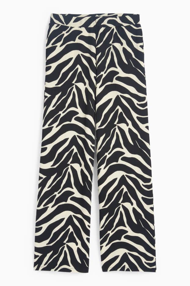 Damen - Jersey-Hose - Mid Waist - Wide Leg - gemustert - schwarz / beige