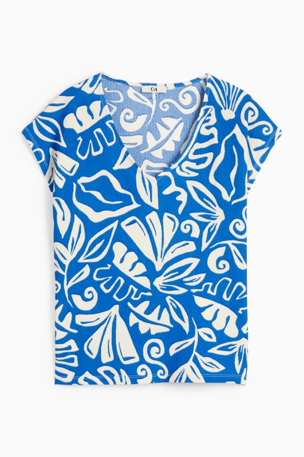 Dámské - Tričko s výstřihem ve tvaru V - regular fit - se vzorem - modrá/bílá