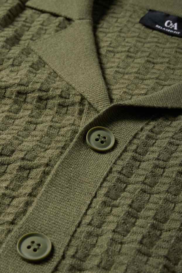 Heren - Gebreid overhemd - relaxed fit - reverskraag - met structuur - donkergroen