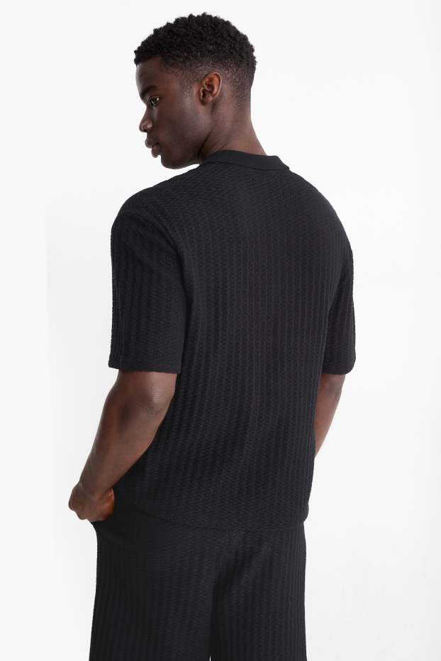 Heren - Gebreid overhemd - relaxed fit - reverskraag - met structuur - zwart