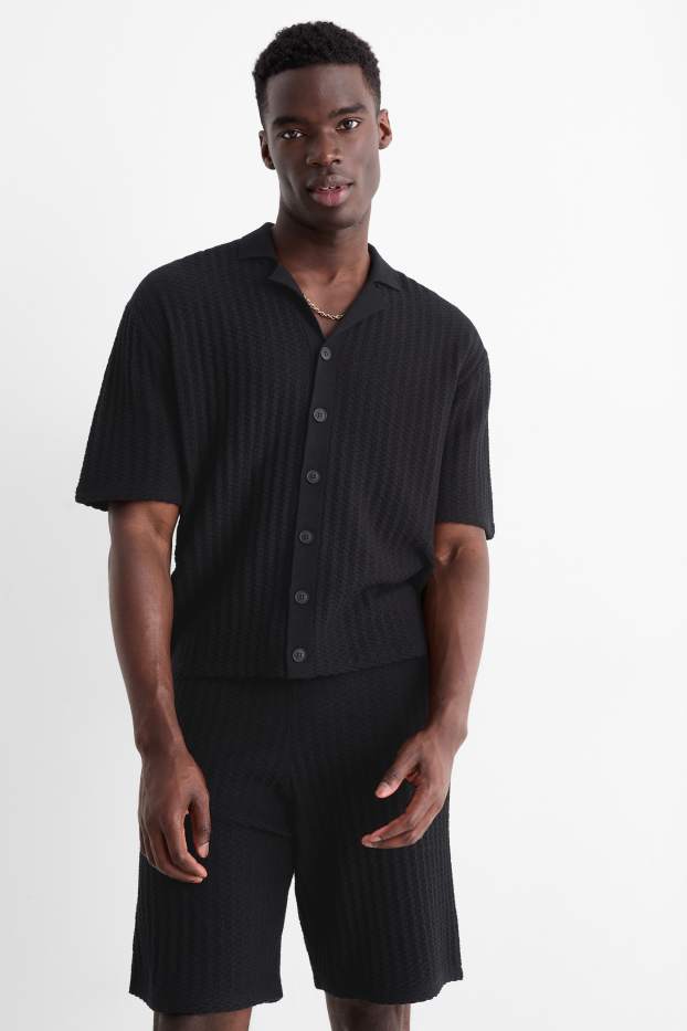 Heren - Gebreid overhemd - relaxed fit - reverskraag - met structuur - zwart