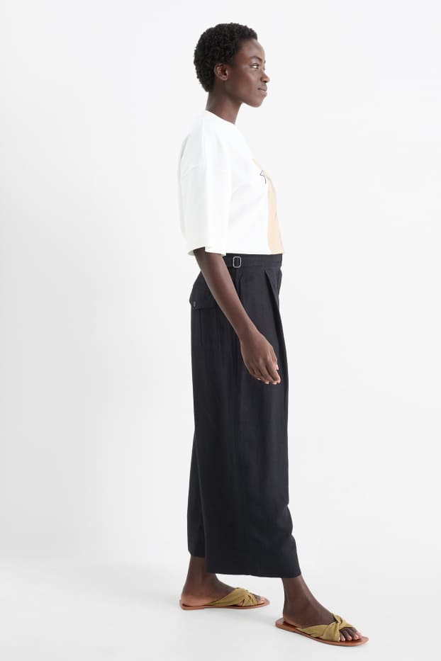 Damen - Stoffhose - High Waist - Wide Leg - Leinen-Mix - schwarz