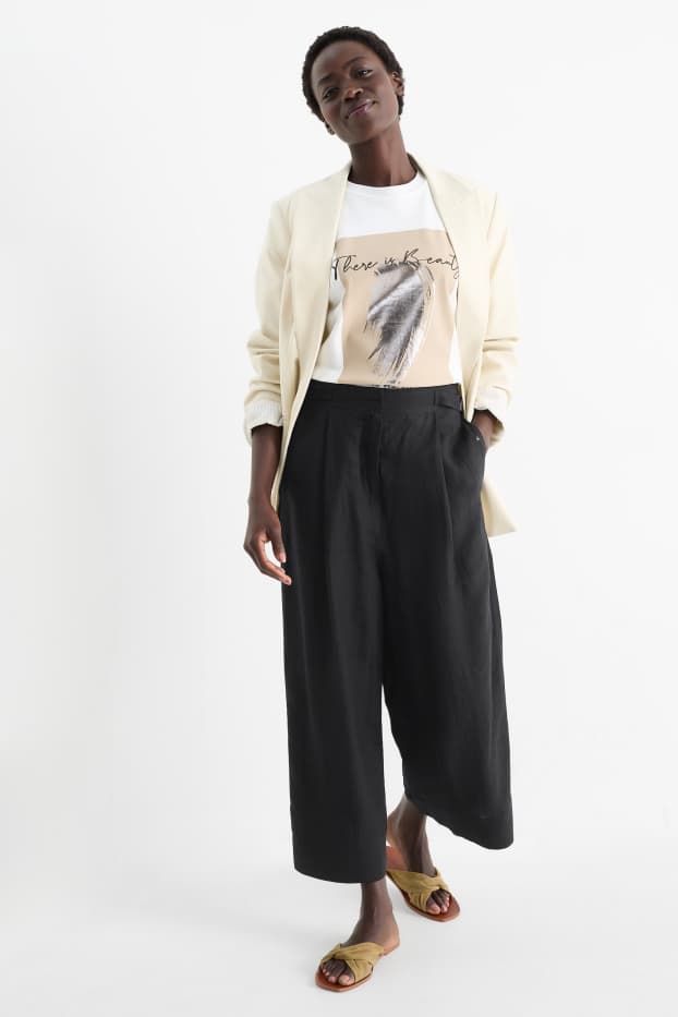 Damen - Stoffhose - High Waist - Wide Leg - Leinen-Mix - schwarz