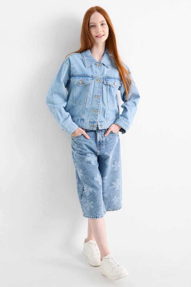 Kinder Mädchen - Jeans-Bermudas - geblümt - helljeansblau