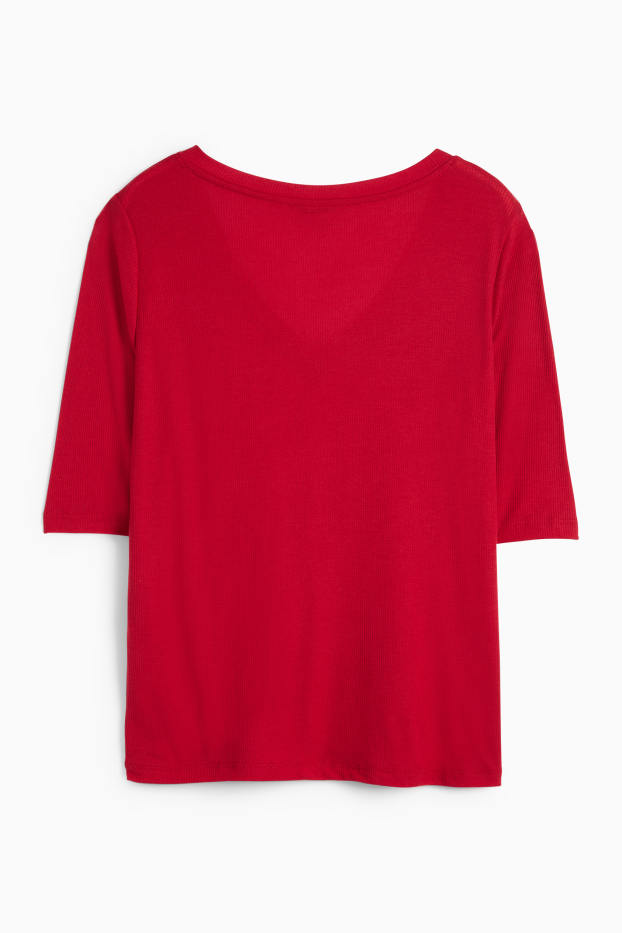 Damen - Basic-T-Shirt mit V-Ausschnitt - Regular Fit - gerippt - rot