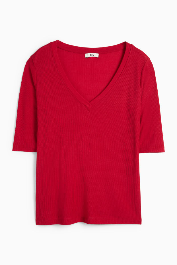 Damen - Basic-T-Shirt mit V-Ausschnitt - Regular Fit - gerippt - rot