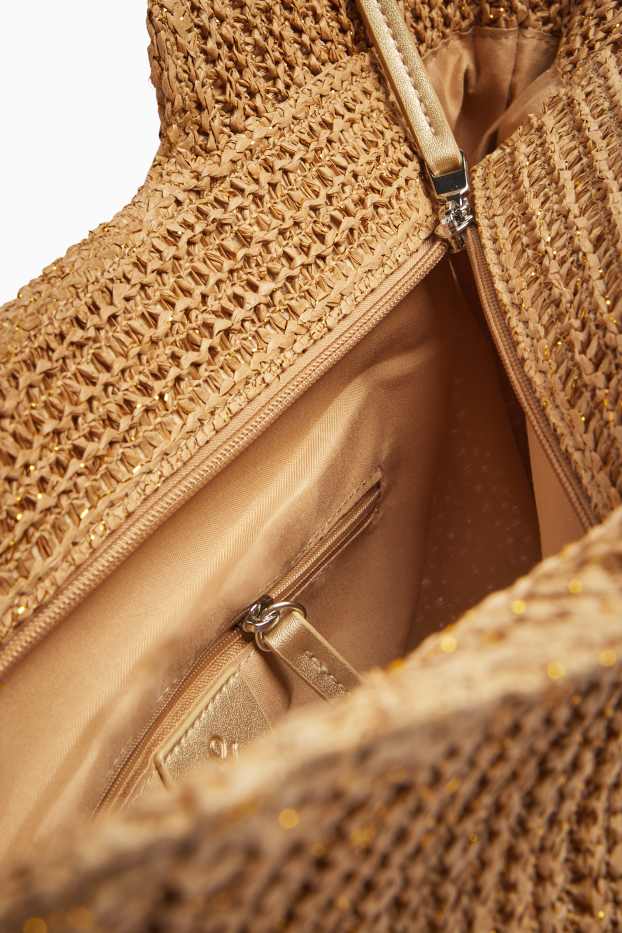 Femei - Geantă shopper de paie mare - aspect lucios - bej