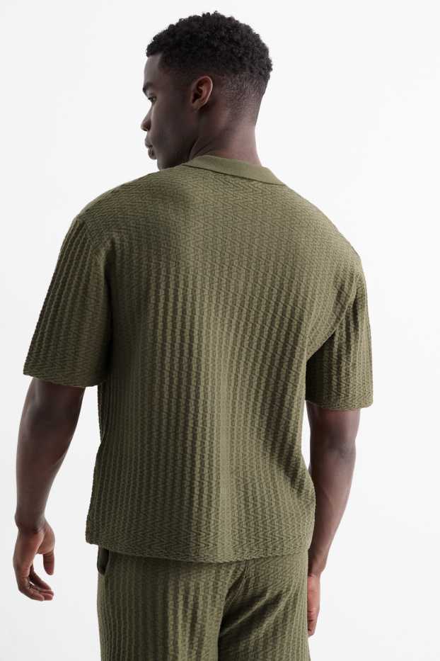 Heren - Gebreid overhemd - relaxed fit - reverskraag - met structuur - donkergroen