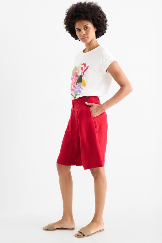 Women - Shorts - high waist - linen blend - dark red