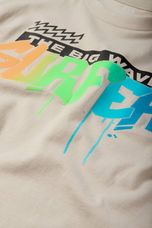 Děti - chlapci - Surfařský a graffiti motiv - tričko s krátkým rukávem - světle béžová