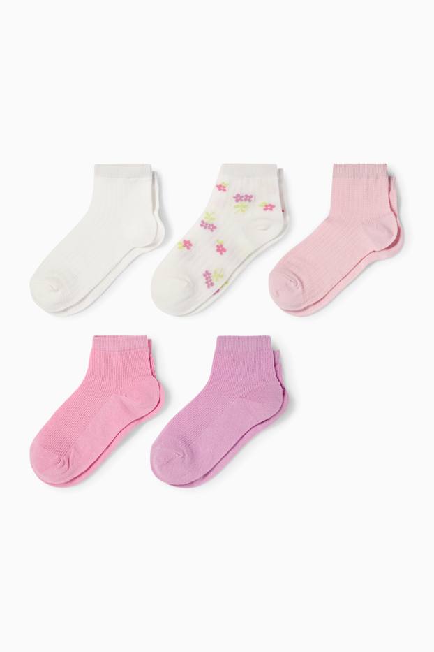 Bambine - Confezione da 5 - fiori - calzini - a costine - rosa