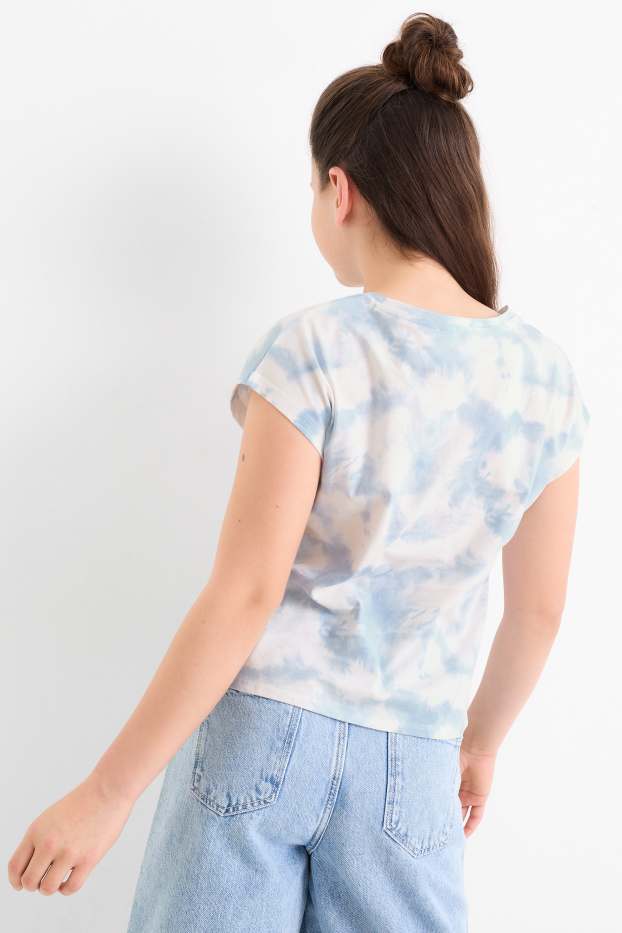 Kinder Mädchen - Blume - Kurzarmshirt mit Knotendetail - gemustert - hellblau