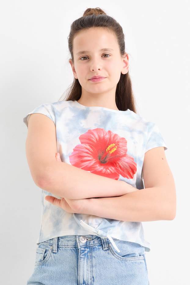 Kinder Mädchen - Blume - Kurzarmshirt mit Knotendetail - gemustert - hellblau