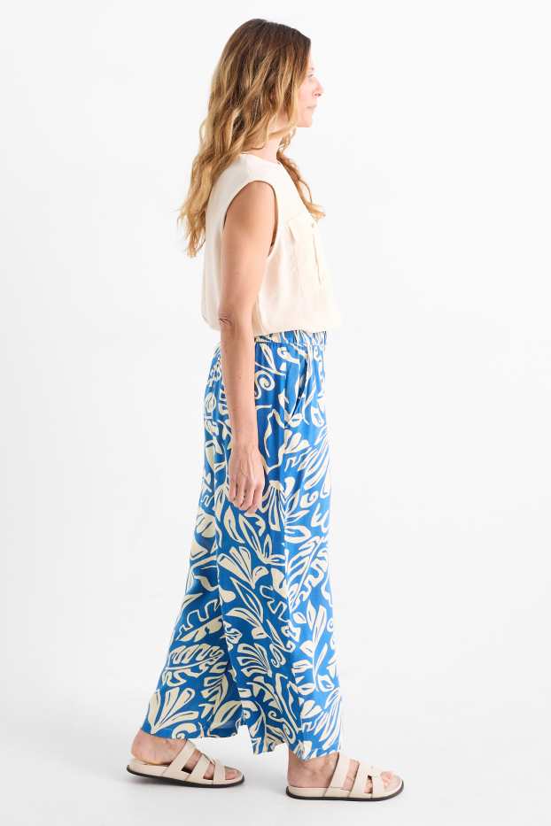 Femmes - Pantalon en toile - high waist - wide leg - à motif - bleu / beige