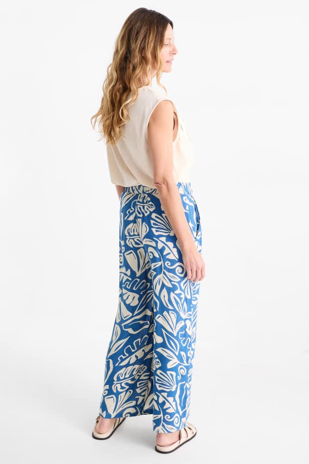 Femmes - Pantalon en toile - high waist - wide leg - à motif - bleu / beige