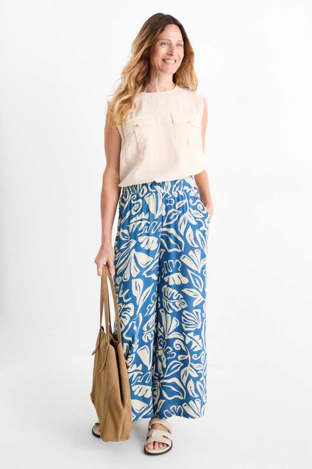Femmes - Pantalon en toile - high waist - wide leg - à motif - bleu / beige