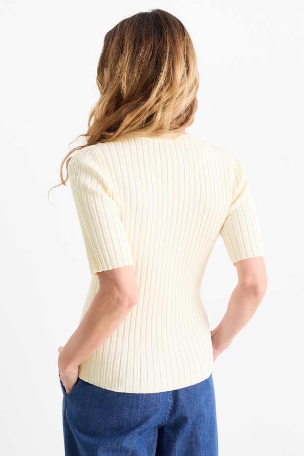 Women - Knitted jumper - short sleeve - ribbed - cremewhite