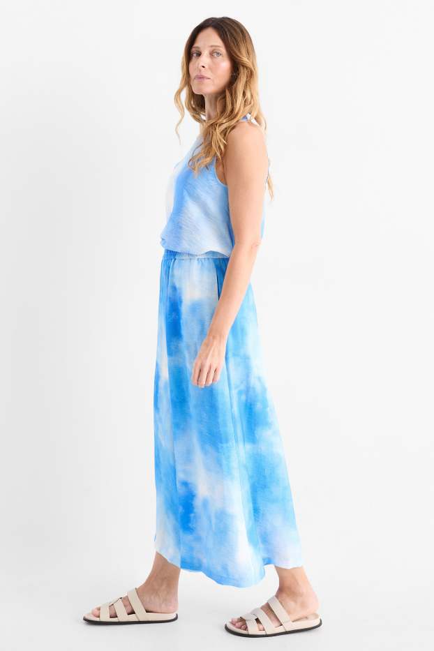 Dames - Pantalon - high waist - wide leg - met patroon - blauw