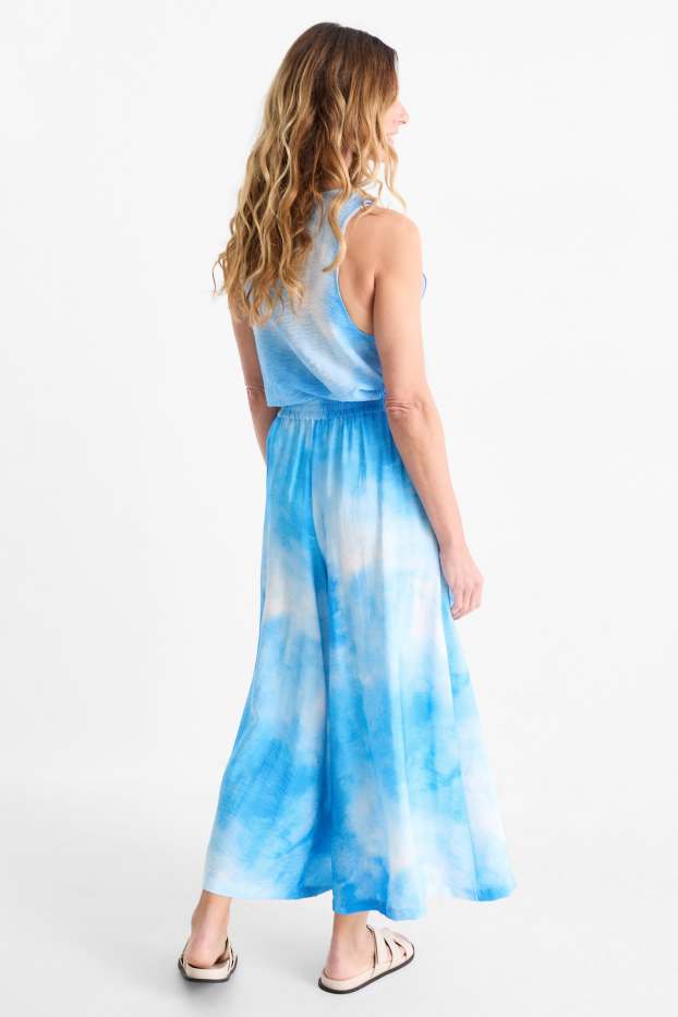 Dames - Pantalon - high waist - wide leg - met patroon - blauw