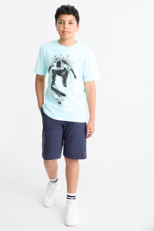 Children Boys - Skateboarder - set - short sleeve T-shirt and shorts - 2 piece - blue / turquoise