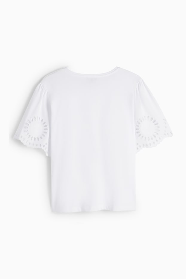 Damen - T-Shirt - Regular Fit - Broderie Anglaise - weiß