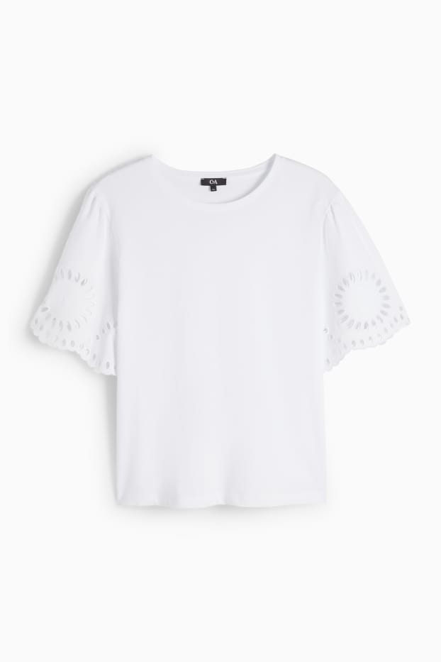 Damen - T-Shirt - Regular Fit - Broderie Anglaise - weiß