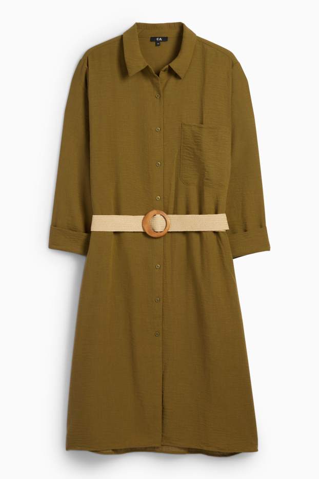 Dámské - Halenkové šaty s páskem - khaki