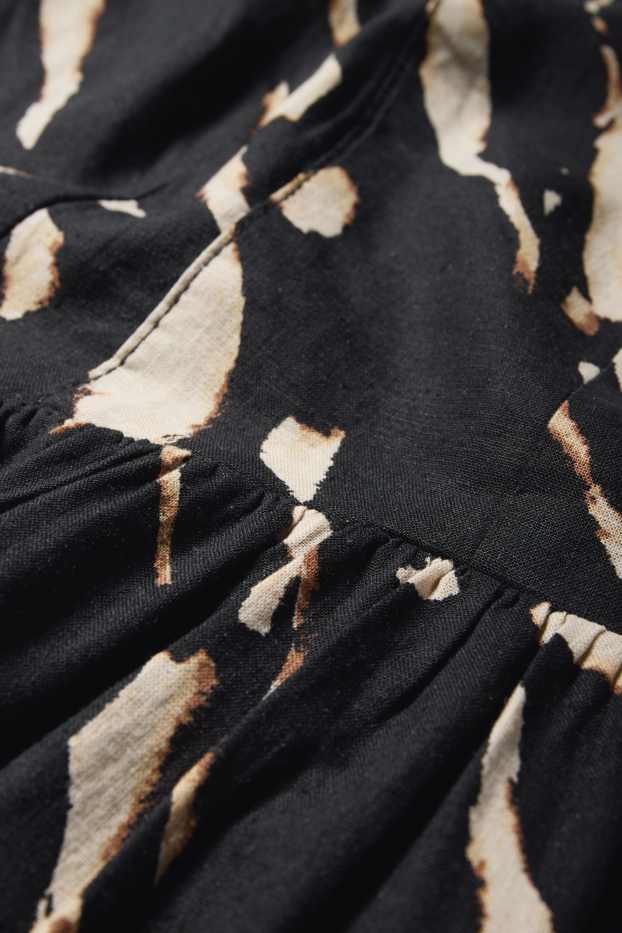 Women - V-neck dress - linen blend - patterned - black / beige