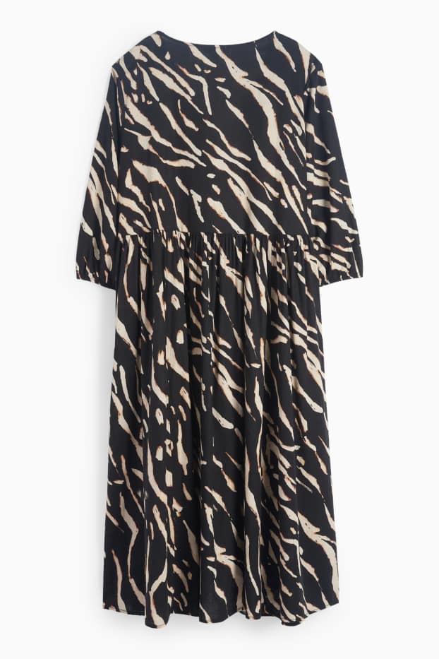 Women - V-neck dress - linen blend - patterned - black / beige