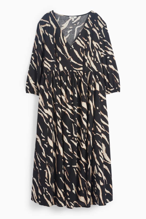 Women - V-neck dress - linen blend - patterned - black / beige