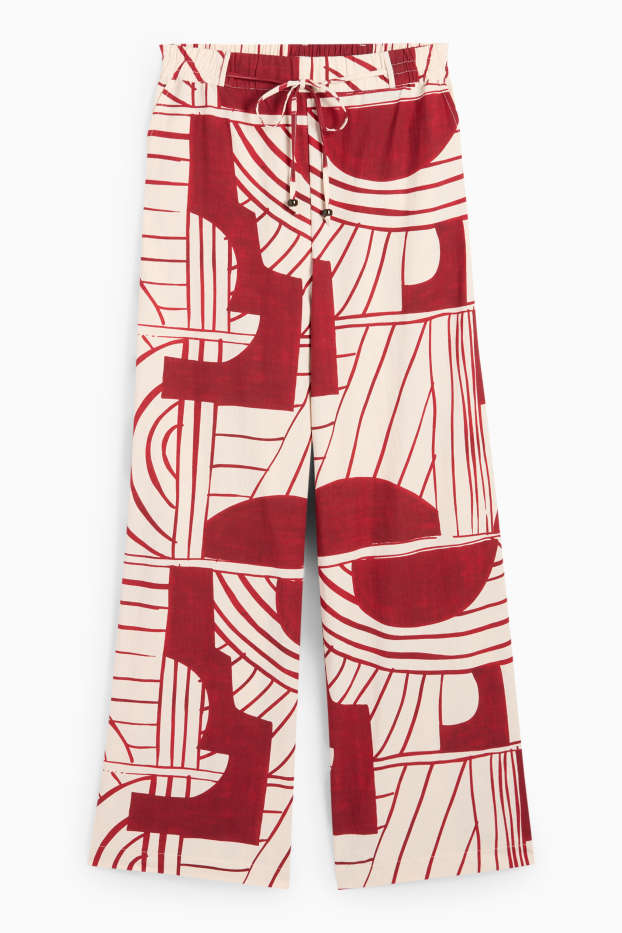 Damen - Stoffhose - High Waist - Wide Leg - gemustert - dunkelrot