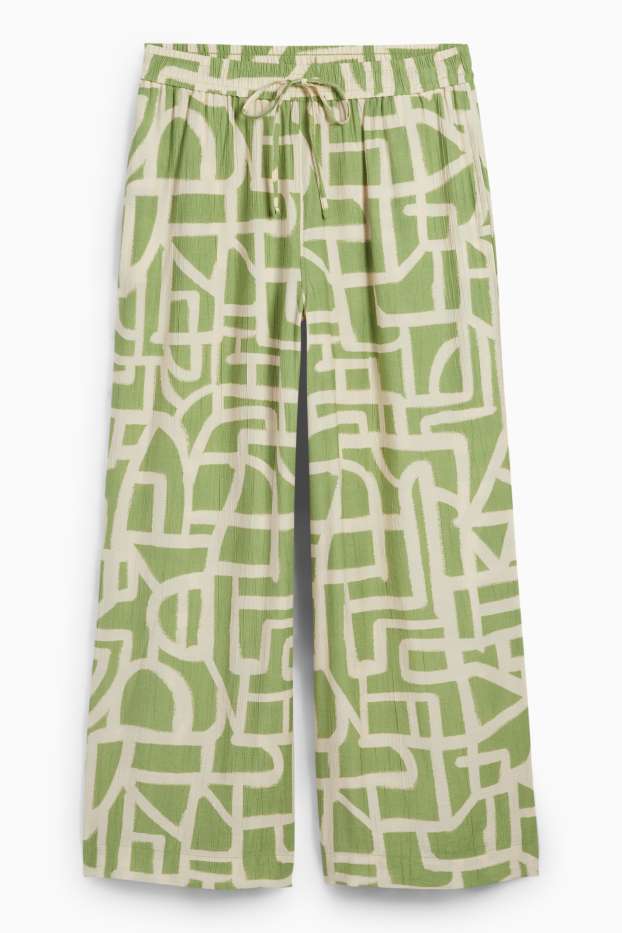 Femmes - Pantalon en toile - high waist - wide leg - à motif - texturé - vert / beige