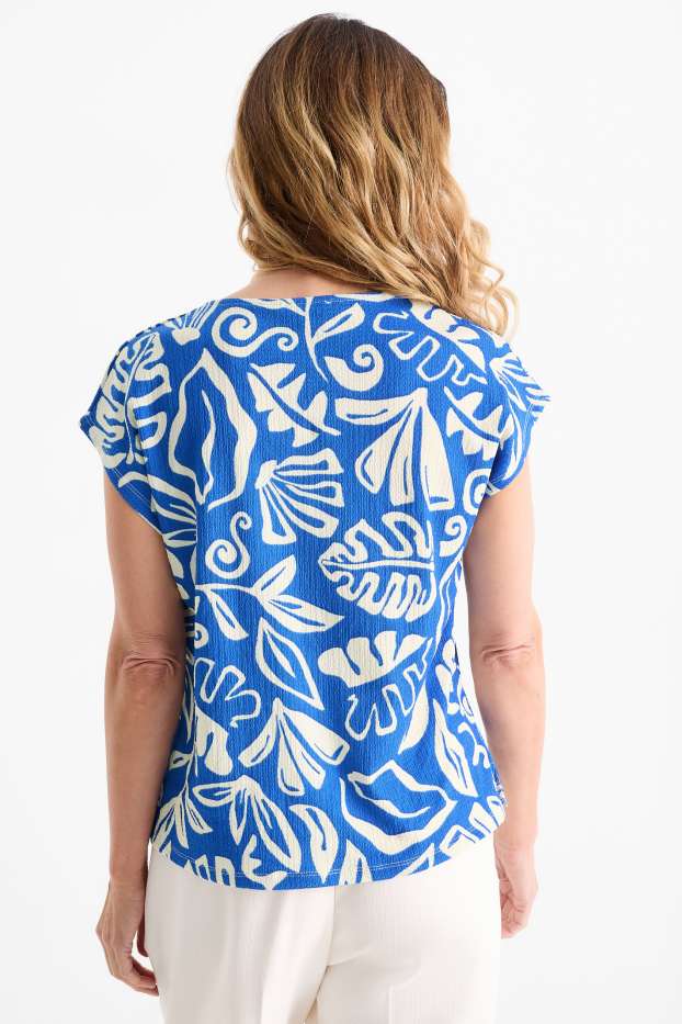 Dámské - Tričko s výstřihem ve tvaru V - regular fit - se vzorem - modrá/bílá