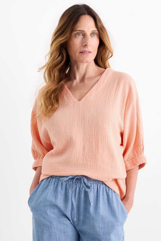 Damen - Musselin-Bluse mit V-Ausschnitt - orange