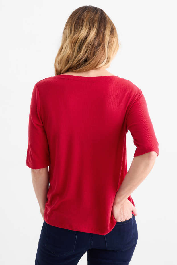 Damen - Basic-T-Shirt mit V-Ausschnitt - Regular Fit - gerippt - rot