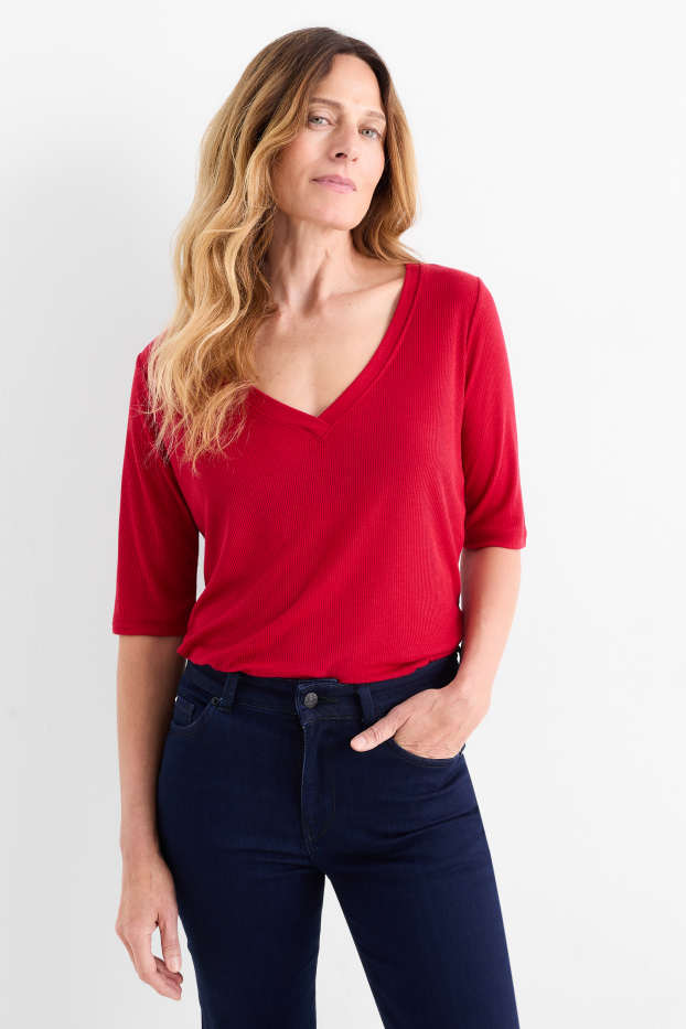 Damen - Basic-T-Shirt mit V-Ausschnitt - Regular Fit - gerippt - rot