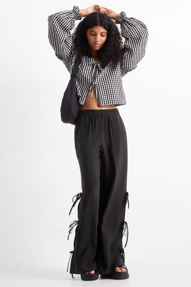 Women - Cloth trousers - mid-rise waist - wide leg - black