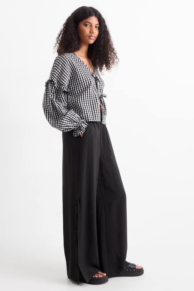 Women - Cloth trousers - mid-rise waist - wide leg - black