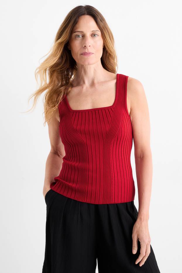 Donna - Top in maglia - a coste - rosso scuro