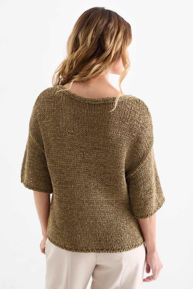 Femmes - Pull en maille avec encolure en V - manches courtes - vert