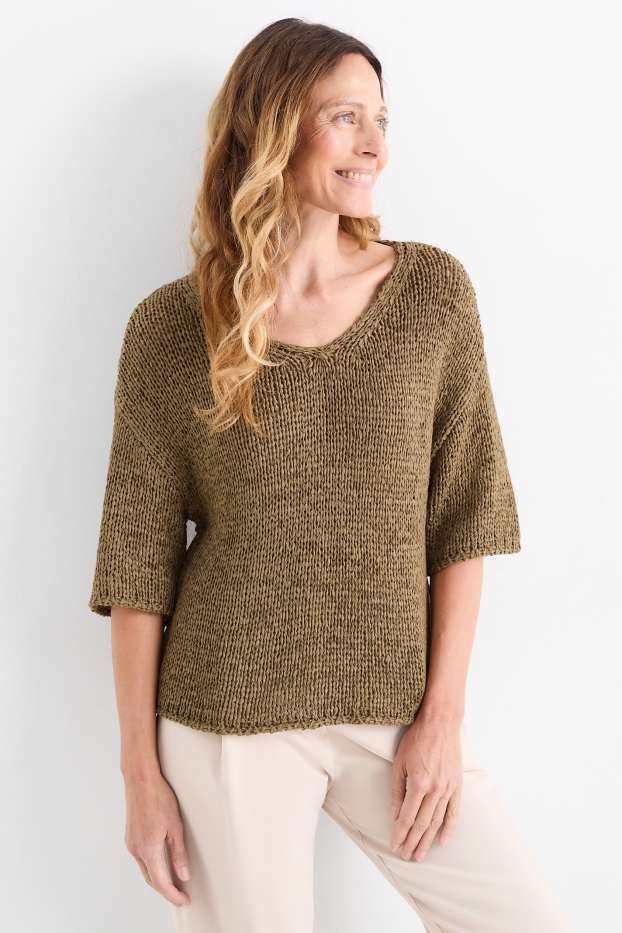 Femmes - Pull en maille avec encolure en V - manches courtes - vert
