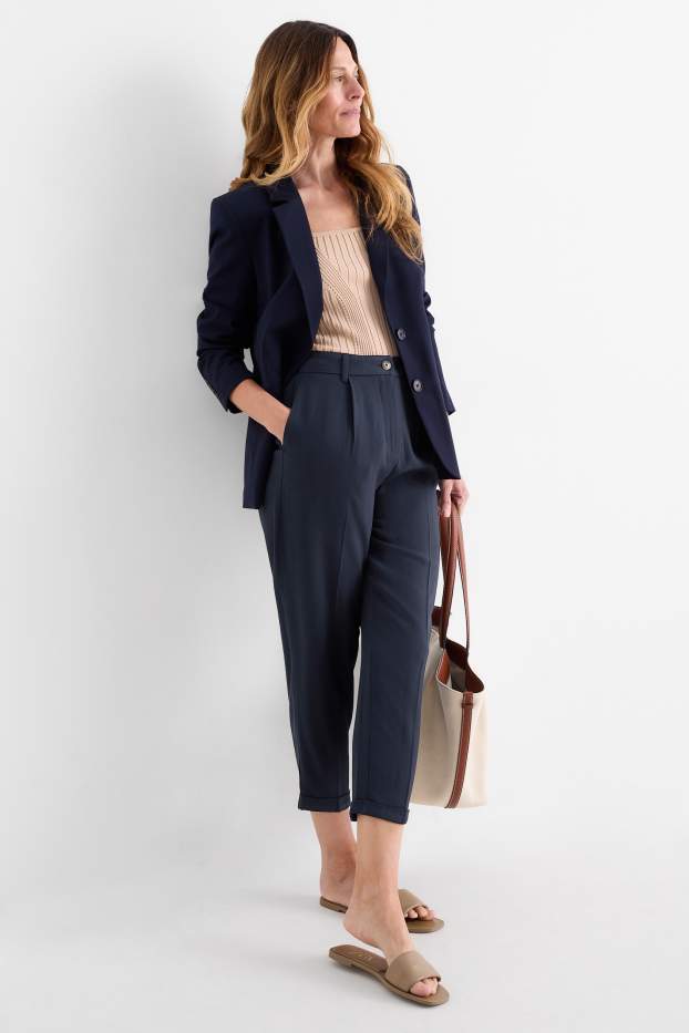 Femmes - Pantalon en toile - mid waist - tapered fit - bleu foncé