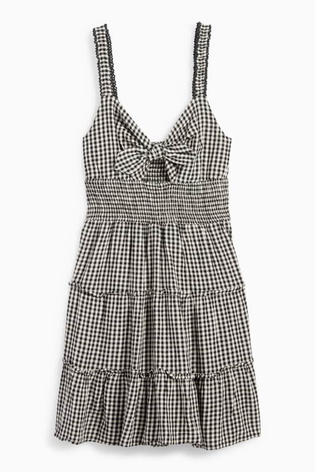 Damen - Fit & Flare Kleid mit Knotendetail - kariert - schwarz / beige