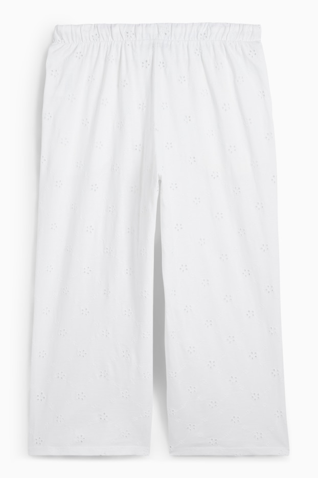 Damen - Pyjamahose - Broderie Anglaise - weiß
