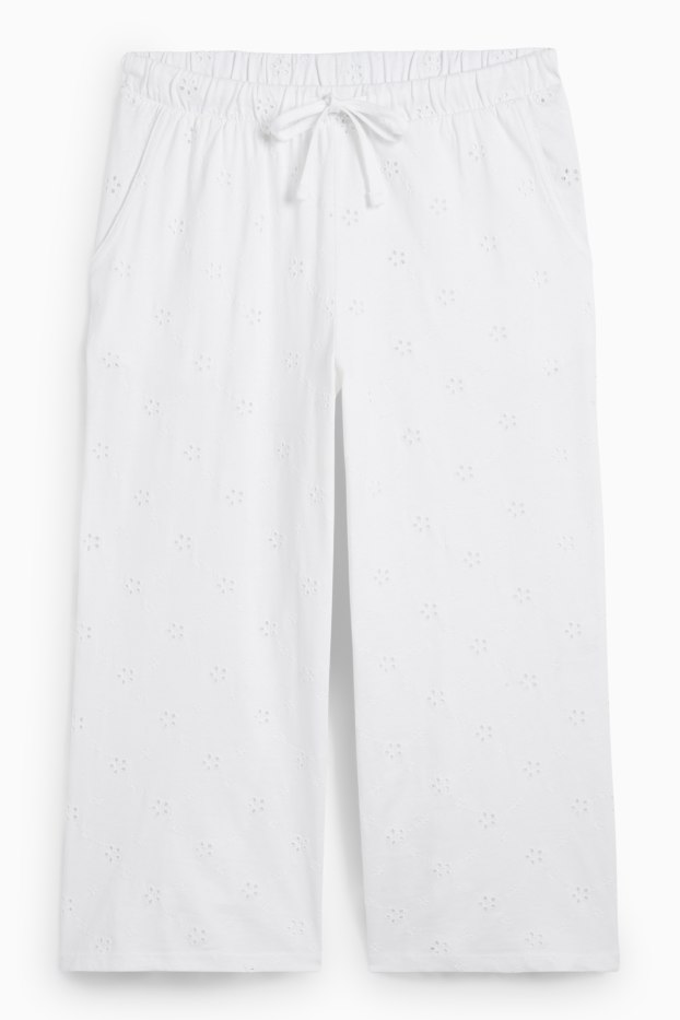 Damen - Pyjamahose - Broderie Anglaise - weiß
