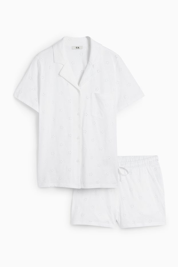 Damen - Shorty-Pyjama - Broderie Anglaise - weiß