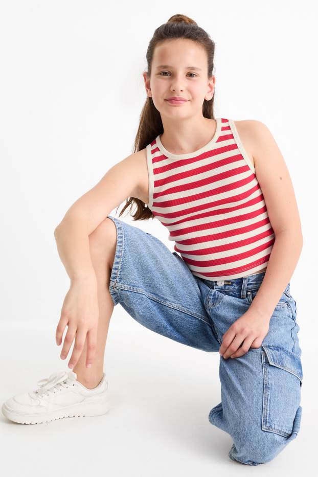 Enfants filles - Top - côtelé - à rayures - blanc / rouge