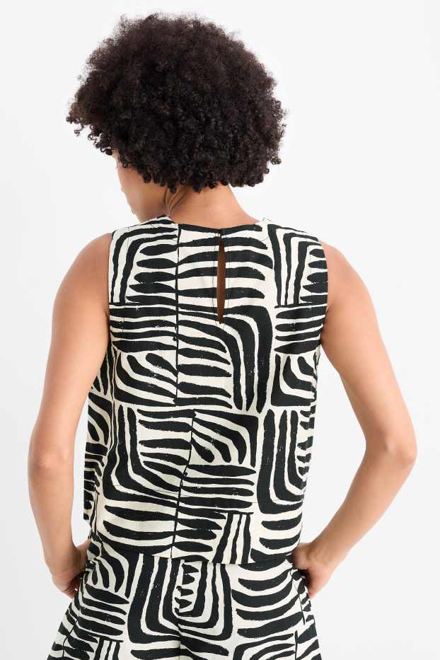 Women - Blouse top - linen blend - patterned - black / beige