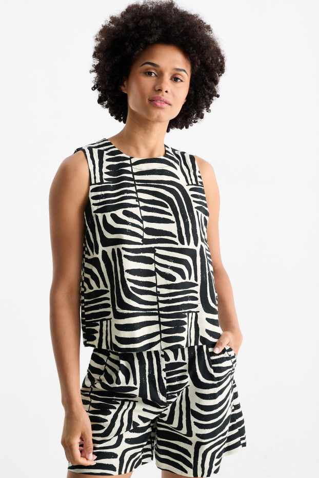 Women - Blouse top - linen blend - patterned - black / beige