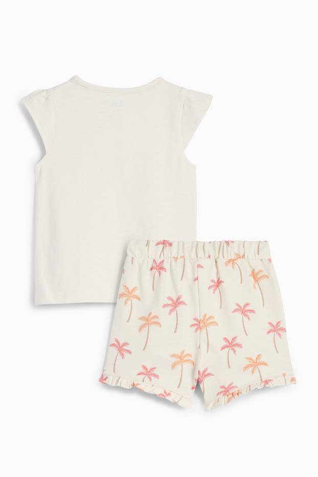 Bebeluși - fete - Flamingo și palmier - compleu bebeluși - 2 piese - alb-crem